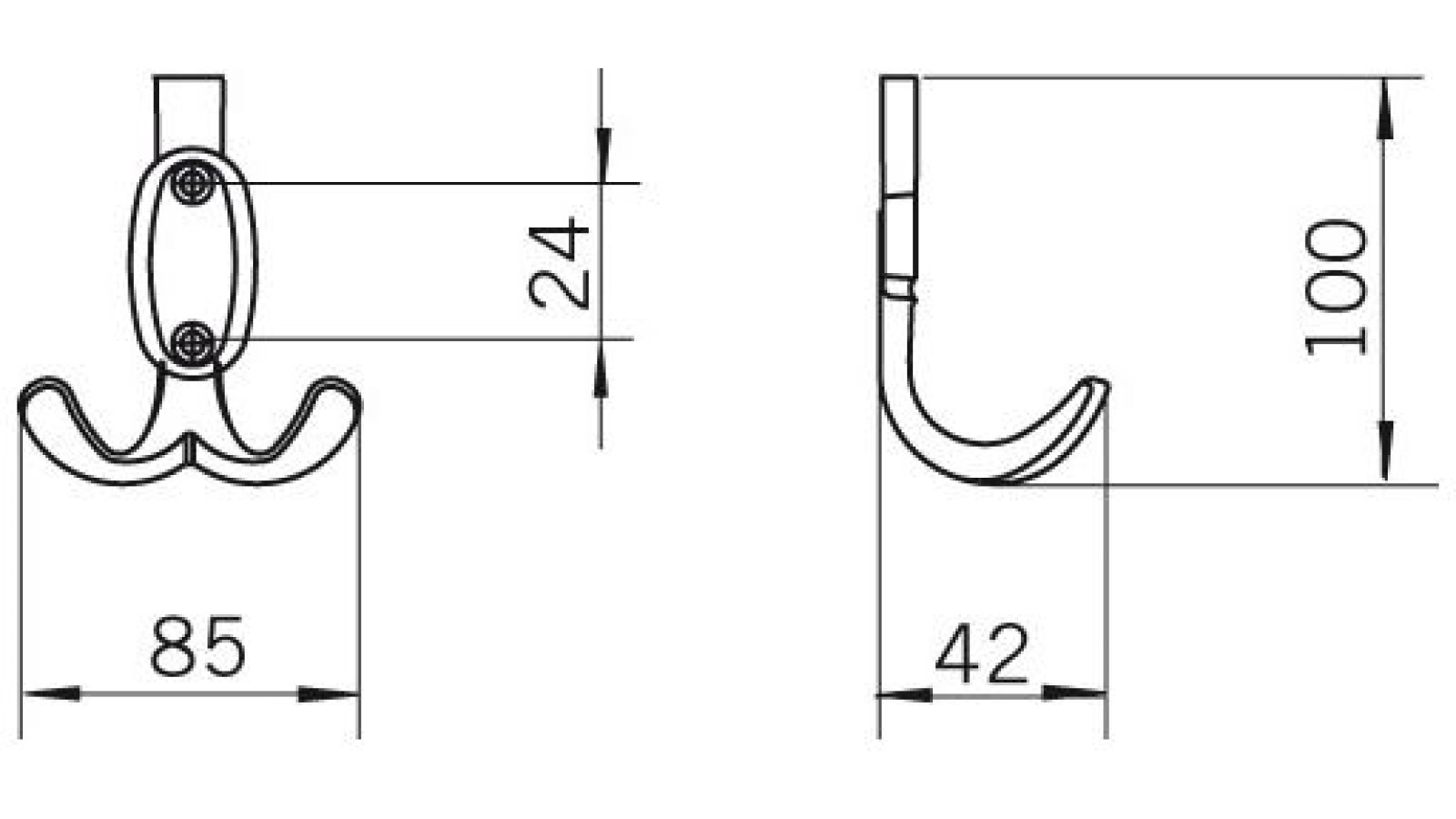 Kleiderhaken-Wiesbaden-brueniert-eisen-Eisen-Zinkdruckguss-laenge-100-75402-technische-zeichnung Haken Wiesbaden Druckguss eisenfarbig brüniert getrommelt - 100 mm lang vor weißem Hintergrund