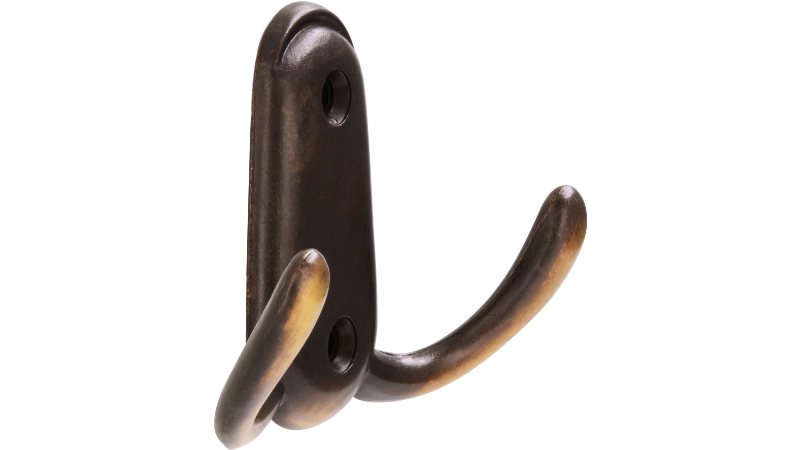 Haken Wilhelmshafen Druckguss altmessingfarbig brüniert getrommelt - 75 mm lang  vor weißem Hintergrund