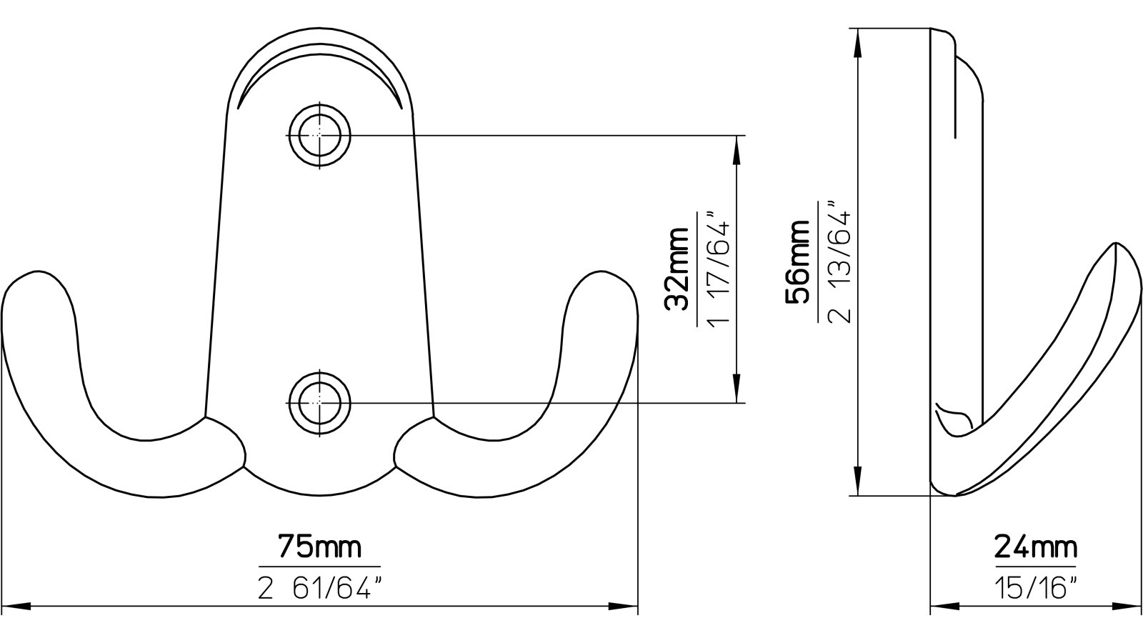 Haken Wilhelmshafen Druckguss altmessingfarbig brüniert getrommelt - 75 mm lang  vor weißem Hintergrund