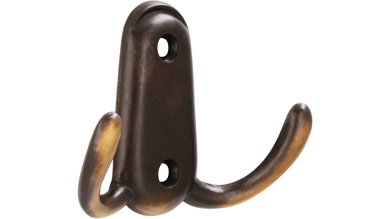 Haken Wilhelmshafen Druckguss altmessingfarbig brüniert getrommelt - 75 mm lang  vor weißem Hintergrund