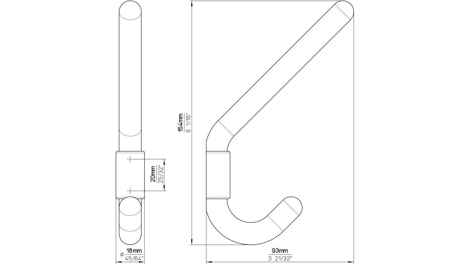 Kleiderhaken-Wolfsburg-schwarz-Kunststoff-laenge-160-69326-technische-zeichnung Haken Wolfsburg Kunststoff schwarz - 160 mm lang vor weißem Hintergrund