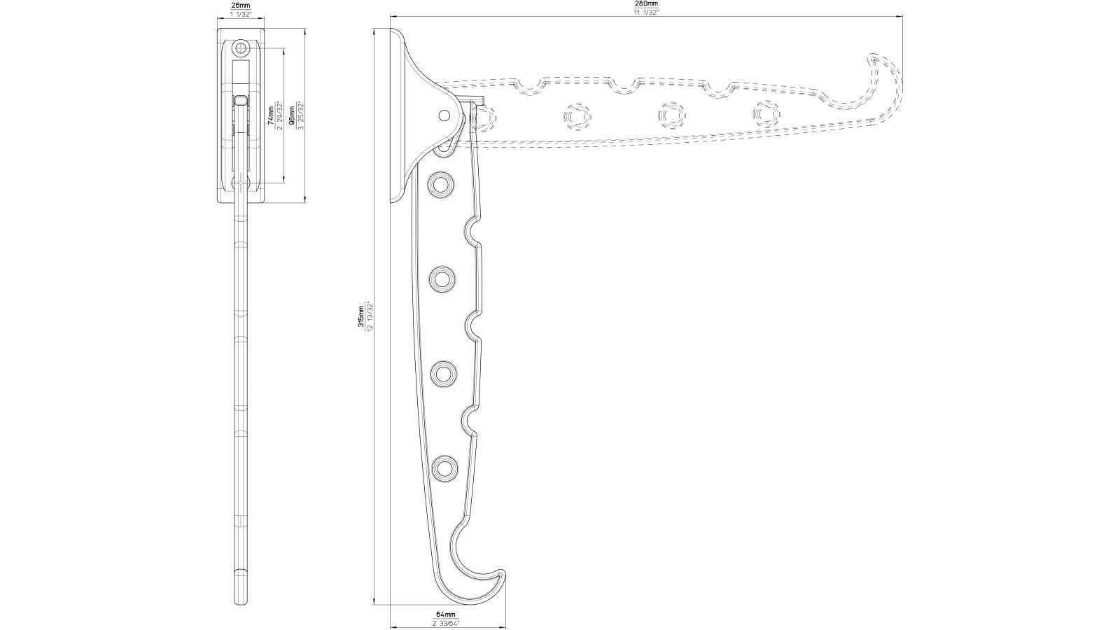 Kleiderluefter-Altoetting-schwarz-Kunststoff-laenge-280-738246-technische-zeichnung Kleiderlüfter Altötting Kunststoff schwarz - 280 mm lang vor weißem Hintergrund
