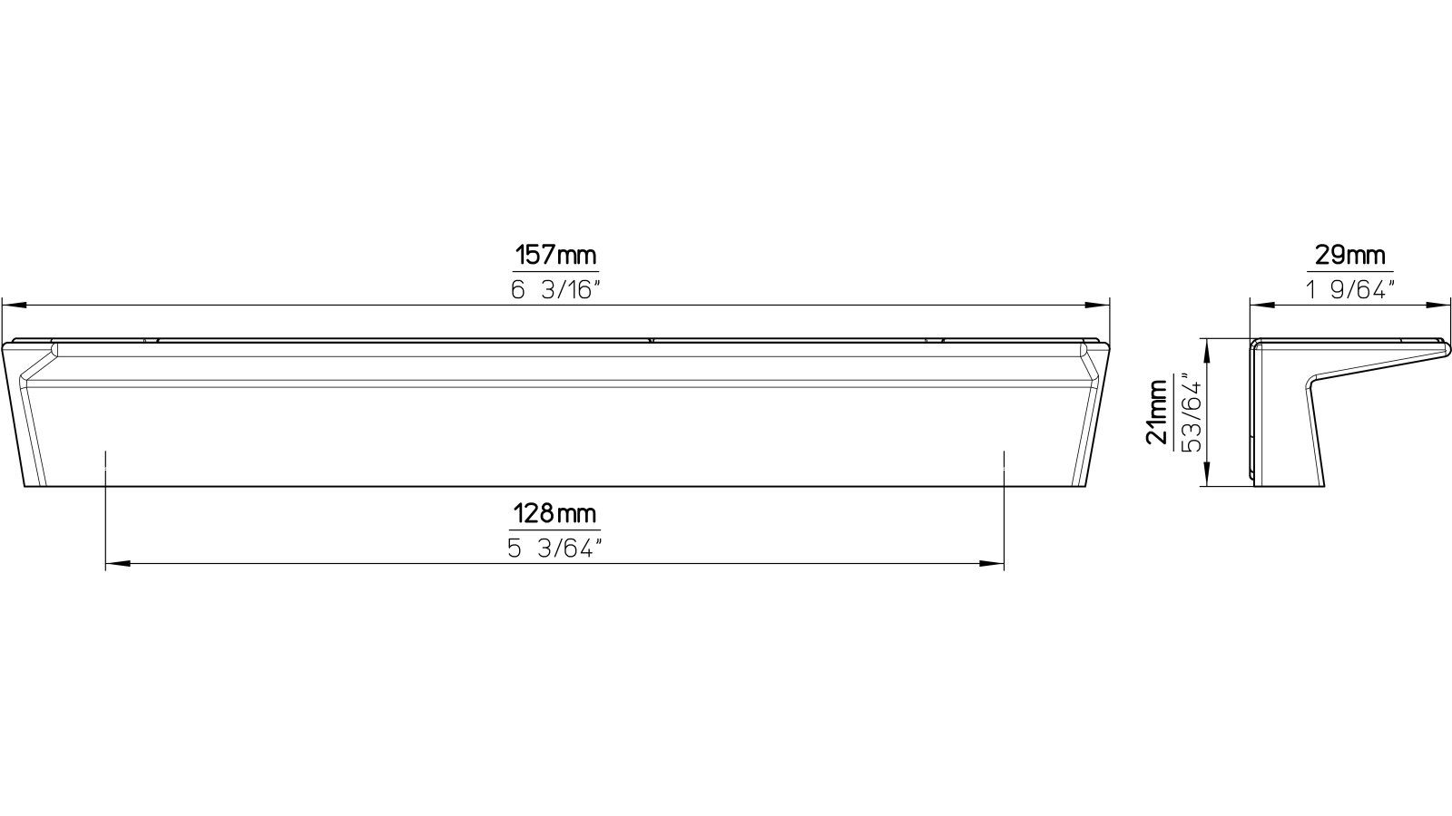 Moebelgriff-Bergen-chrom-Zinkdruckguss-laenge-157-721878-technische-zeichnung Griff Bergen Druckguss chrom glänzend - 157 mm lang vor weißem Hintergrund
