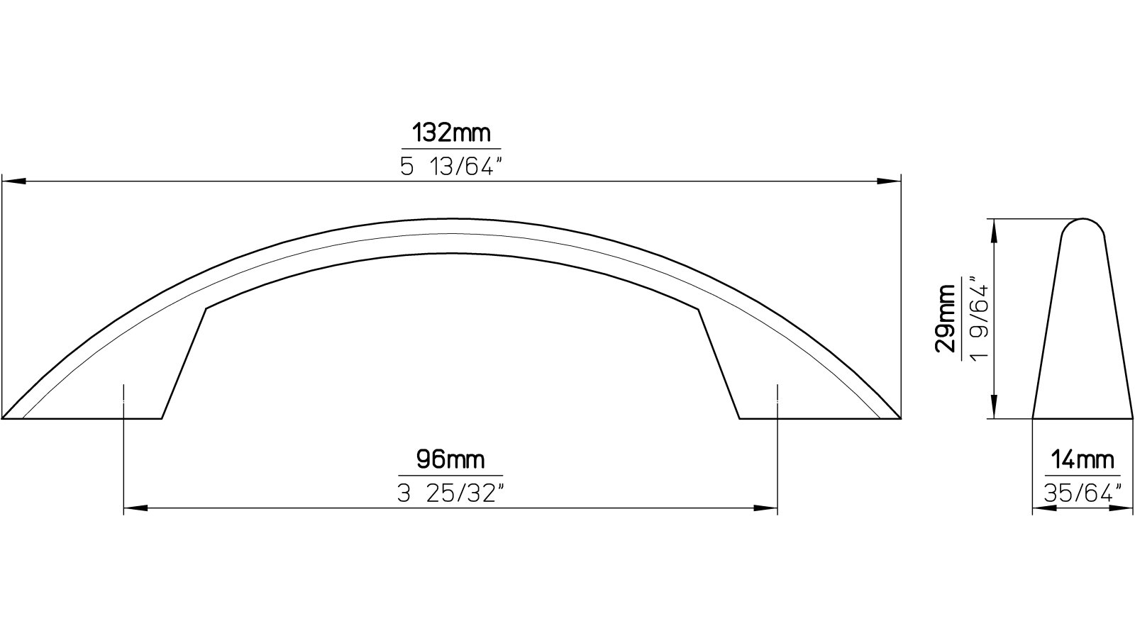 Moebelgriff-Borken-chrom-Zinkdruckguss-laenge-133-406398-technische-zeichnung Griff Borken Druckguss chrom glänzend - 133 mm lang vor weißem Hintergrund