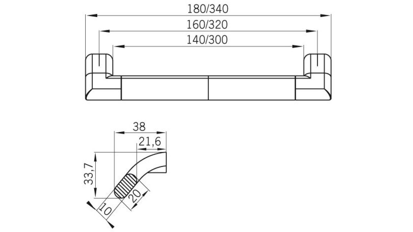 Griff Bremervörde Druckguss alufarbig pulverbeschichtet - 180 mm lang  vor weißem Hintergrund