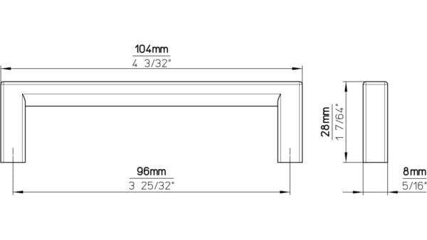 Griff Bruckmühl Druckguss eisenfarbig gebürstet matt - 104 mm lang  vor weißem Hintergrund