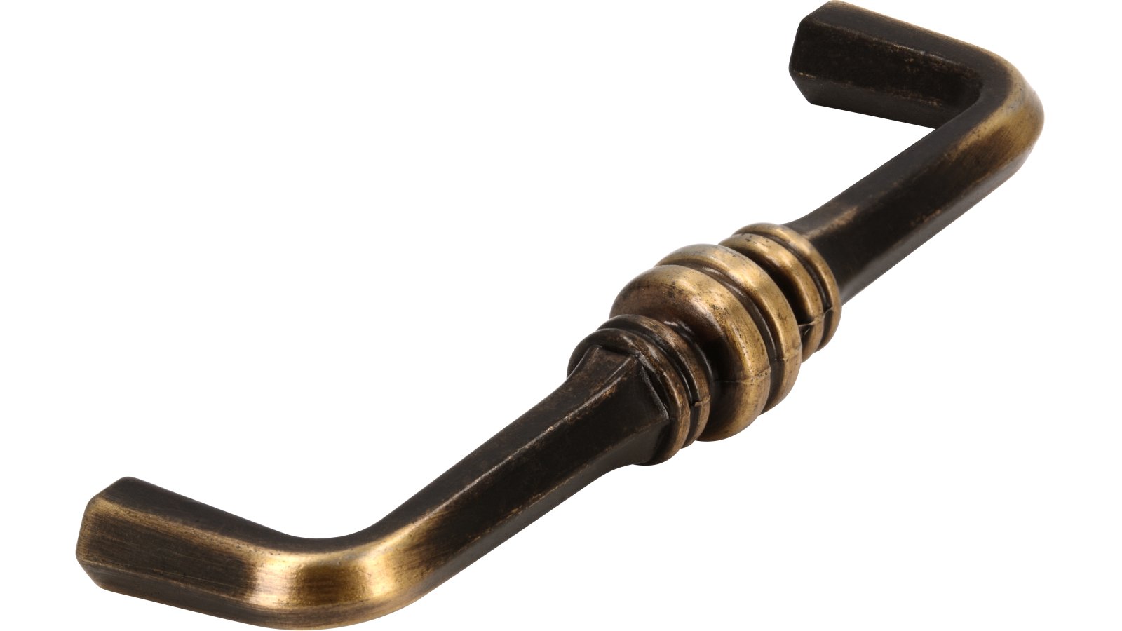 Griff Dessau Druckguss altmessingfarbig brüniert getrommelt - 104 mm lang  vor weißem Hintergrund