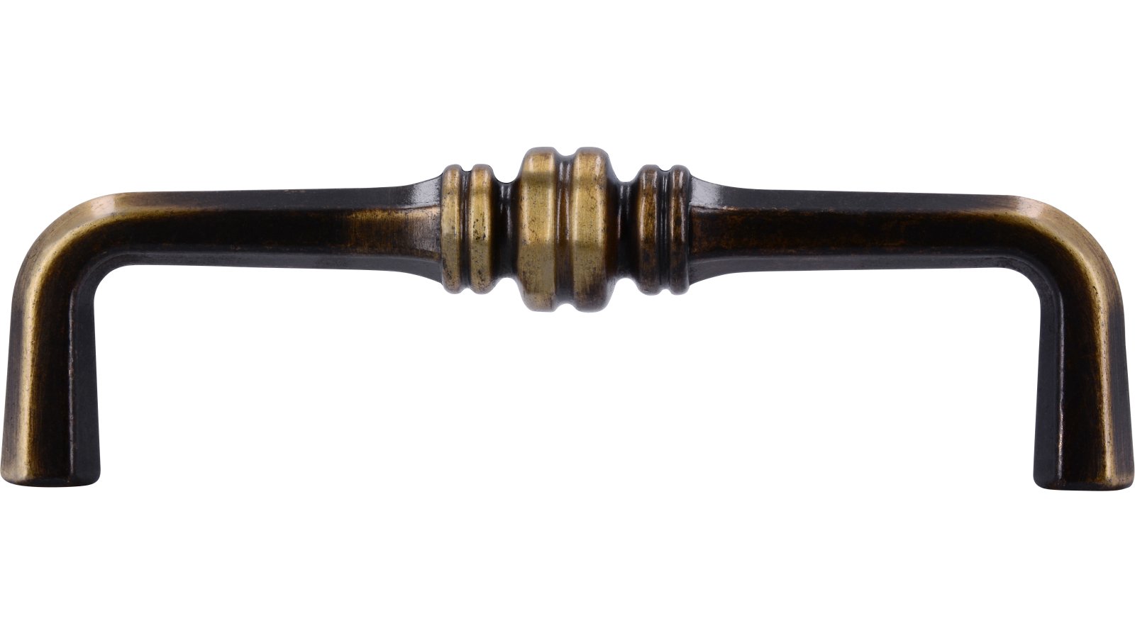 Griff Dessau Druckguss altmessingfarbig brüniert getrommelt - 104 mm lang  vor weißem Hintergrund
