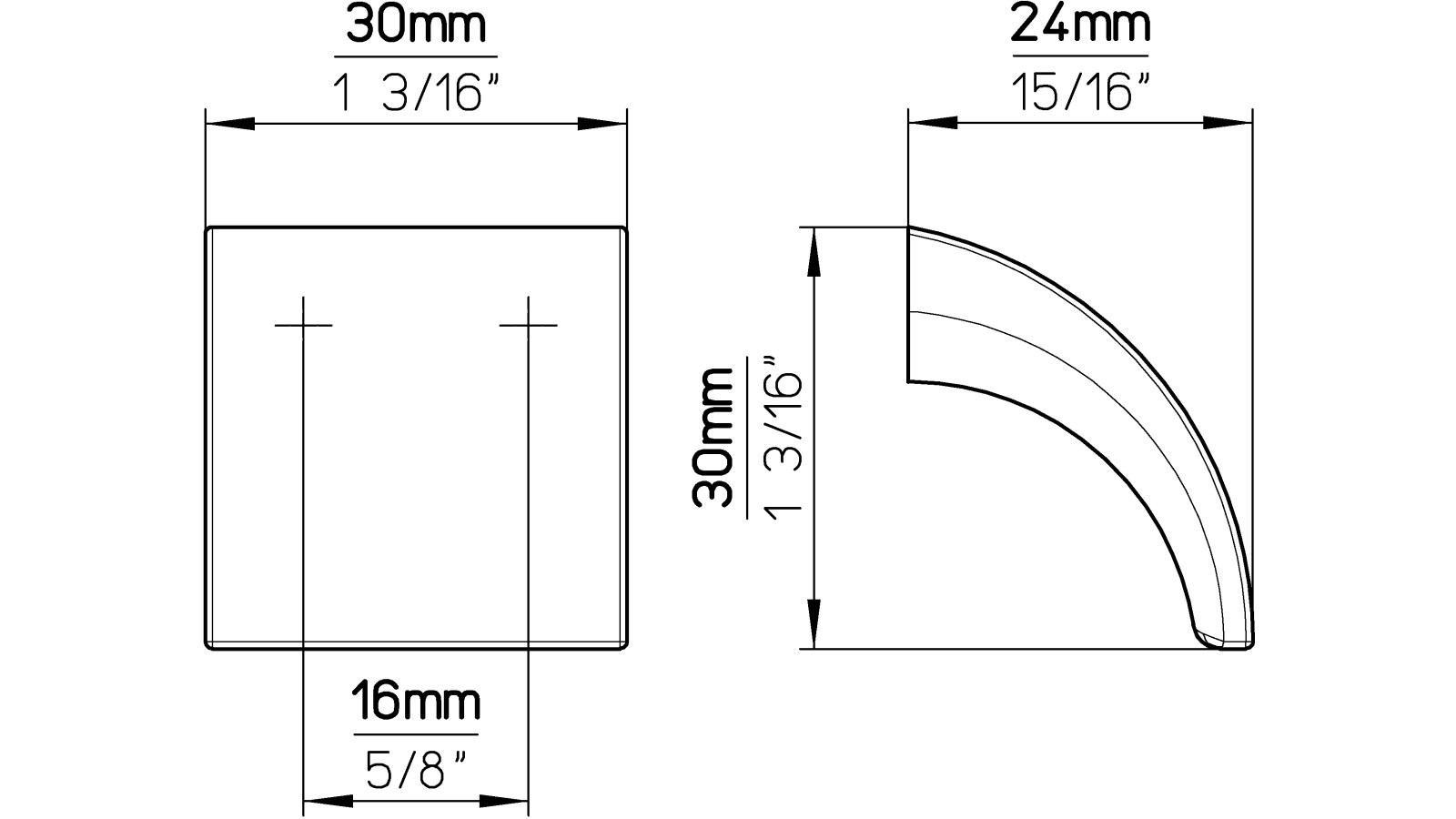 Moebelgriff-Doebeln-nickel-Zinkdruckguss-laenge-30-609362-technische-zeichnung Griff Döbeln Druckguss matt vernickelt - 30 mm lang vor weißem Hintergrund