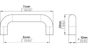 Griff Eckental Stahl matt vernickelt - 74 mm lang  vor weißem Hintergrund