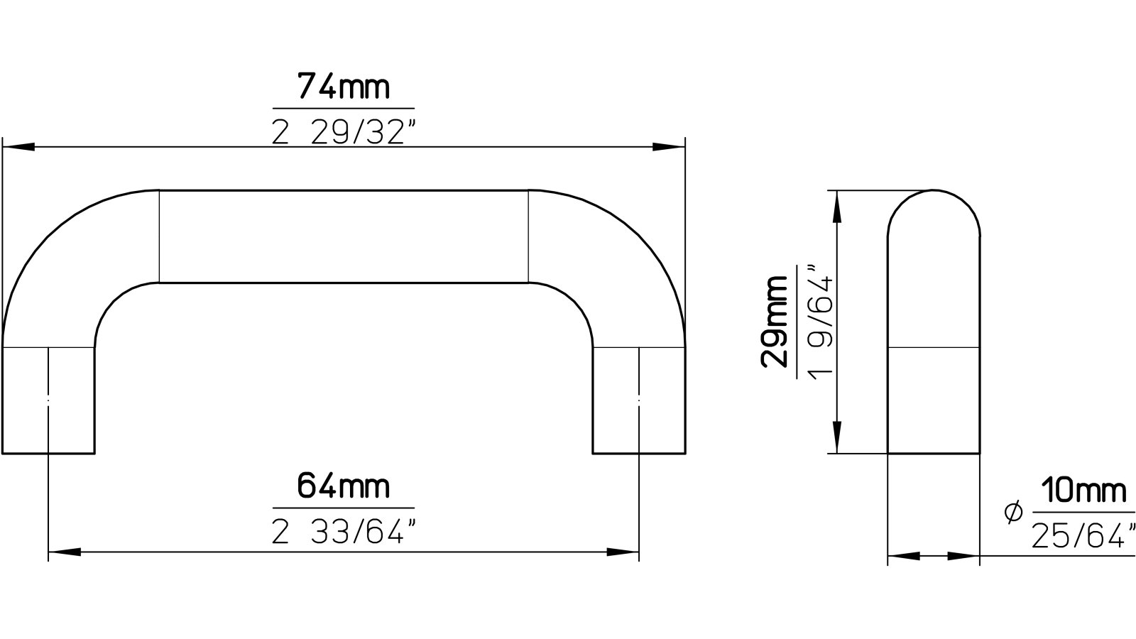 Griff Eckental Stahl matt vernickelt - 74 mm lang  vor weißem Hintergrund