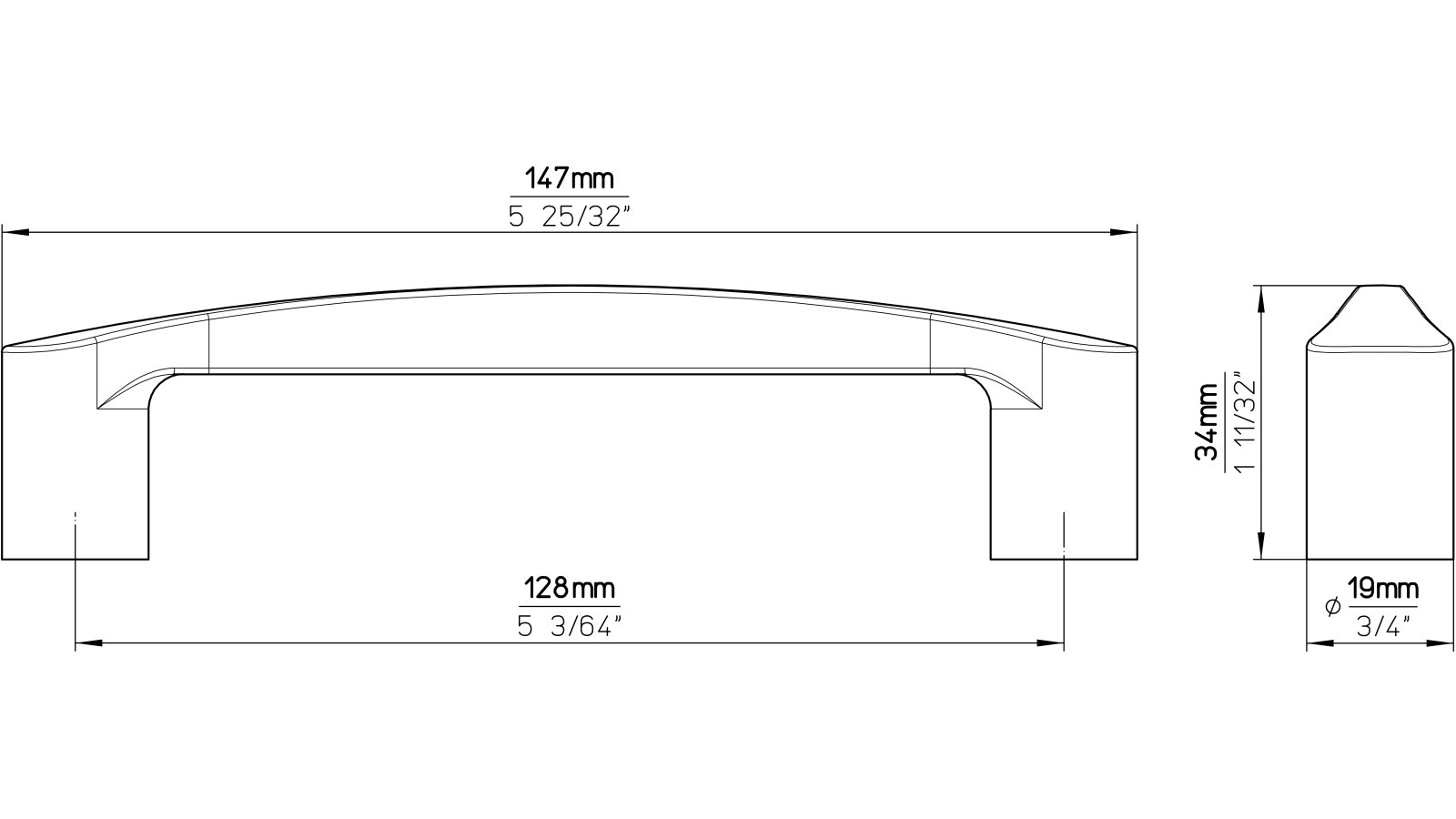 Griff Emsdetten Druckguss chrom glänzend - 147 mm lang  vor weißem Hintergrund