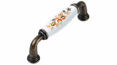 Griff Eningen Zamak Porzellan antik weiß Siebdruck Blumen orange - 113 mm lang vor weißem Hintergrund