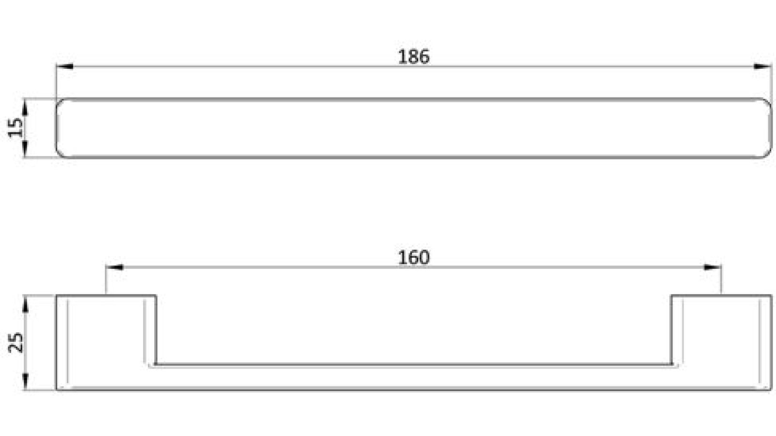 Moebelgriff-Flecken-schwarz-silber-Kunststoff-laenge-186-50296-technische-zeichnung Griff Flecken Kunststoff - schwarz-silber - 186 mm lang vor weißem Hintergrund