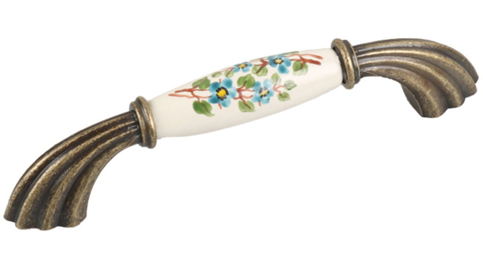 Griff Georgen Zamak Porzellan antik beige Blumen blau braun grün - 148 mm lang  vor weißem Hintergrund