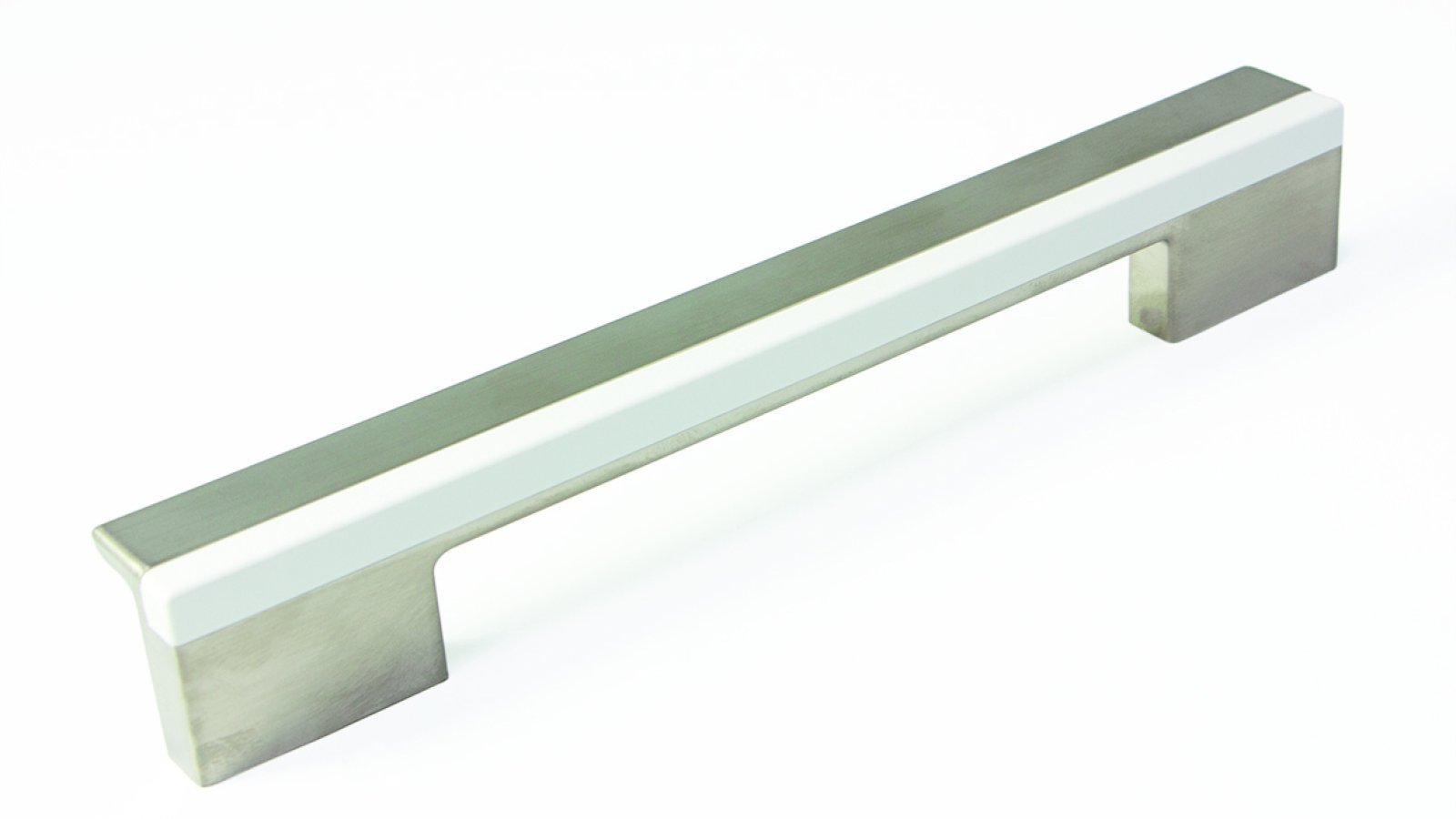Griff Graben-Neudorf Kunststoff Edelstahleffekt - nickel matt gebürstet, Kunststoff glasiert - weiß hochglanz - 170 mm lang  vor weißem Hintergrund
