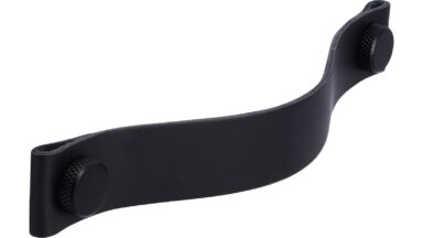 Griff Grafing Aluminium - Echtleder schwarz schwarz matt pulverbeschichtet - 190 mm lang  vor weißem Hintergrund
