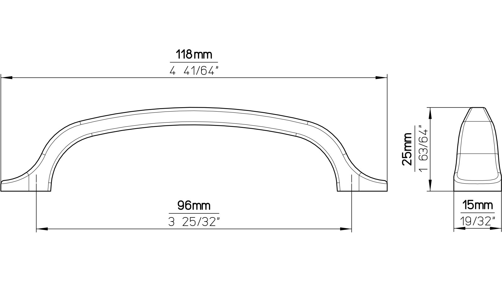 Moebelgriff-Illingen-edelstahlfarbig-edelstahlfarbig-Edelstahl-Stahl-Zinkdruckguss-laenge-118-648504-technische-zeichnung Griff Illingen Druckguss edelstahleffekt - 118 mm lang vor weißem Hintergrund