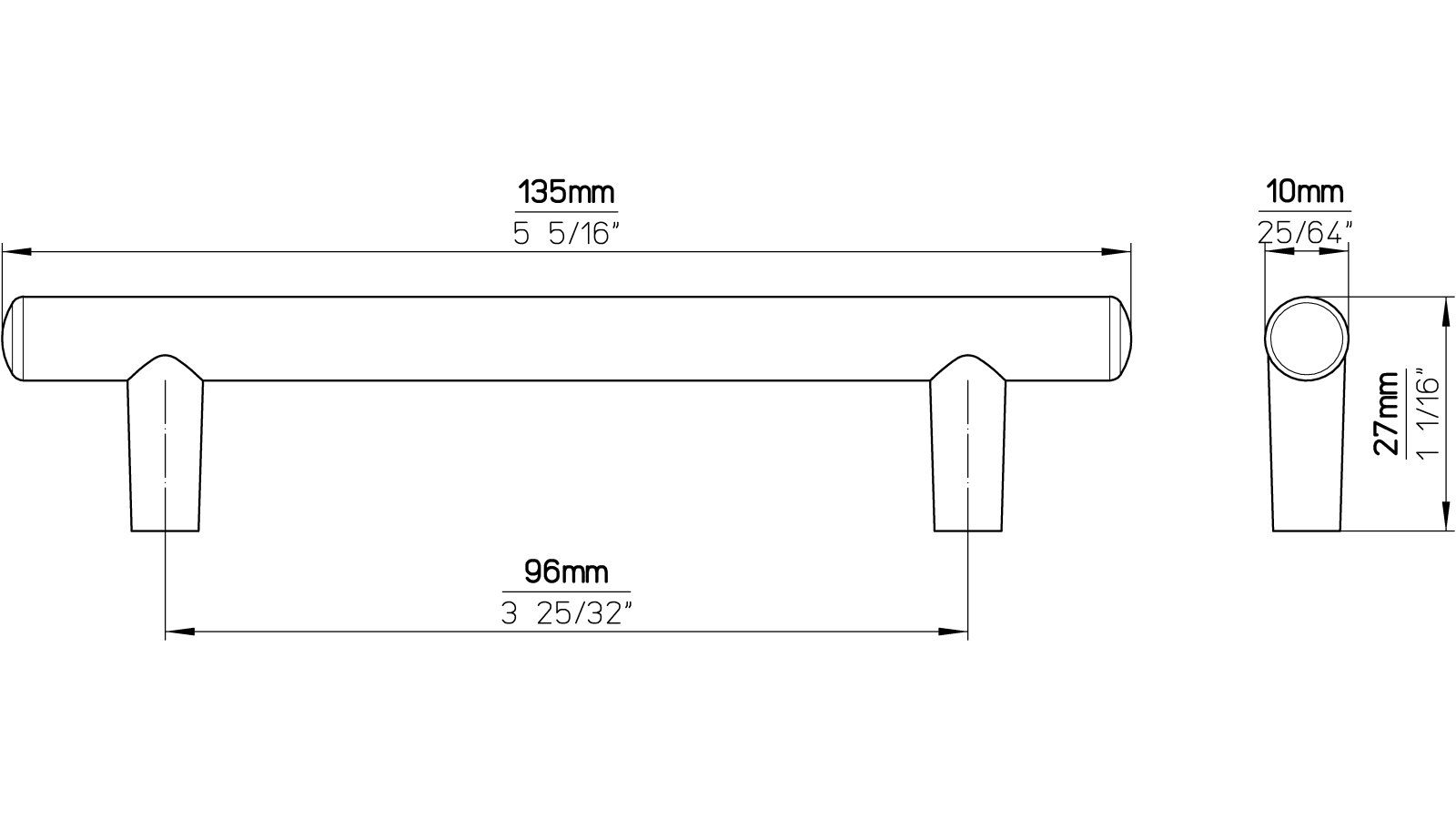 Griff Kaltenkirchen Druckguss vernickelt feingeschliffen - 135 mm lang  vor weißem Hintergrund