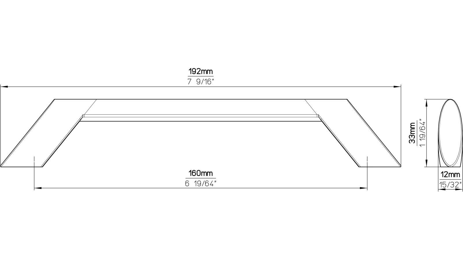 Moebelgriff-Kenzingen-chrom-Zinkdruckguss-laenge-192-830220-technische-zeichnung Griff Kenzingen Druckguss chrom glänzend - 192 mm lang vor weißem Hintergrund
