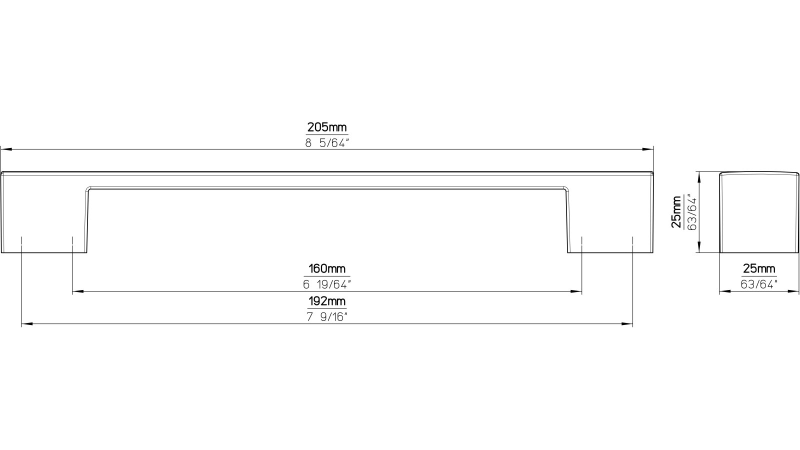 Moebelgriff-Kissing-weiss-Zinkdruckguss-laenge-205-827394-technische-zeichnung Griff Kissing Druckguss reinweiß pulverbeschichtet - 205 mm lang vor weißem Hintergrund