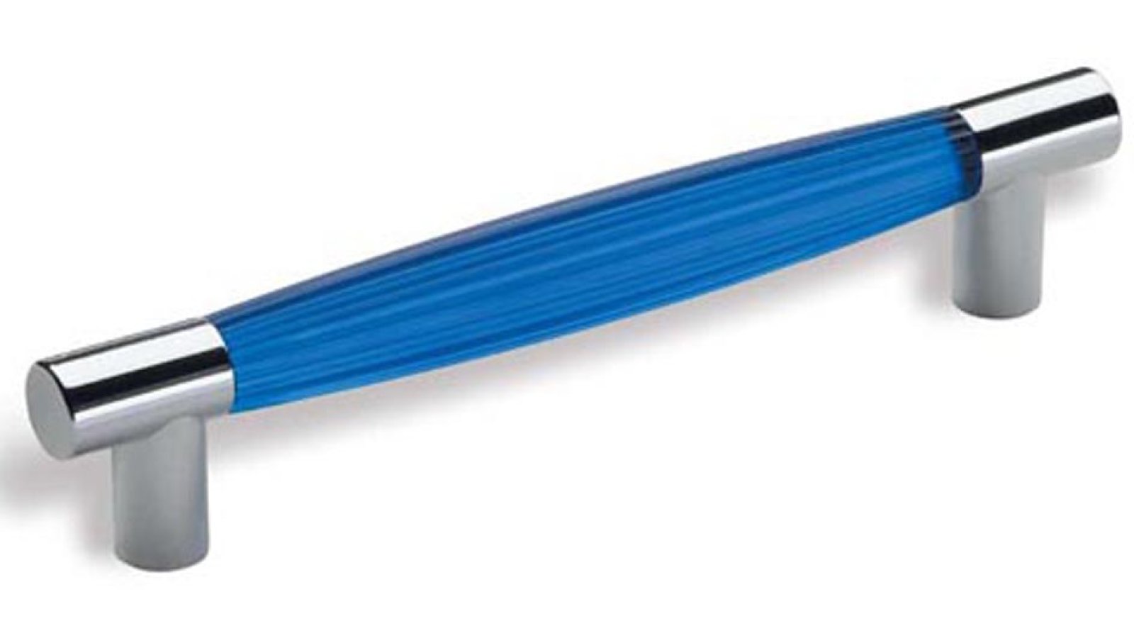 Griff Köln Kunststoff glaseffekt blau metallisiert chrom glänzend - 159 mm lang  vor weißem Hintergrund