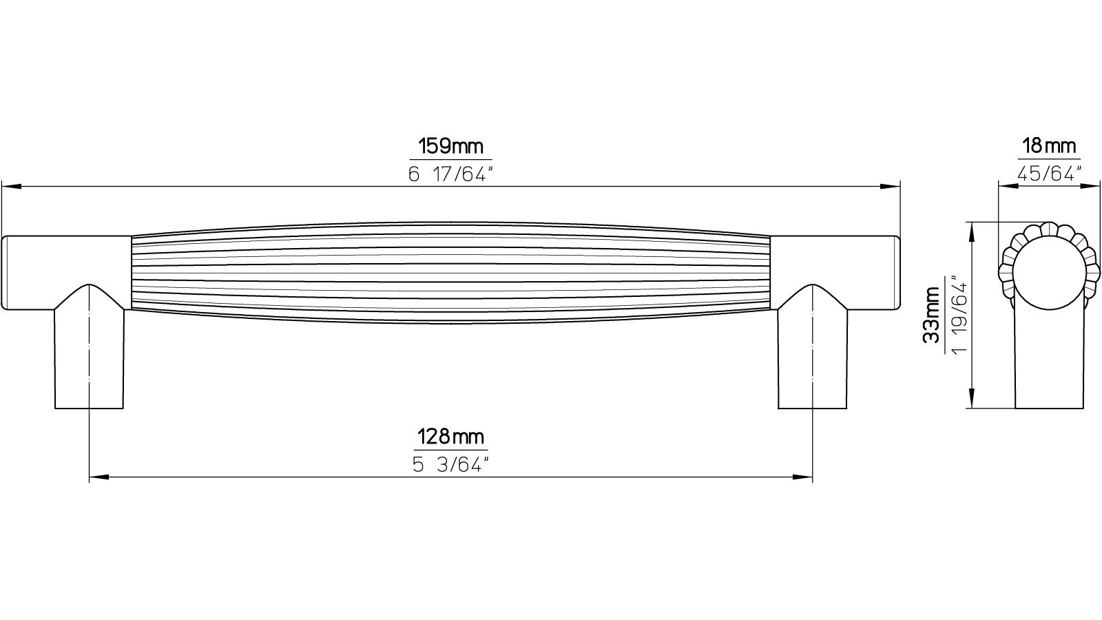 Moebelgriff-Koeln-chrom-transparent-Glas-Kunststoff-laenge-159-568990-technische-zeichnung Griff Köln Kunststoff glaseffekt glasklar metallisiert chrom glänzend - 159 mm lang vor weißem Hintergrund
