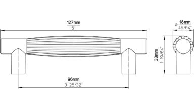 Griff Köln Kunststoff weiß metallisiert chrom glänzend - 127 mm lang  vor weißem Hintergrund