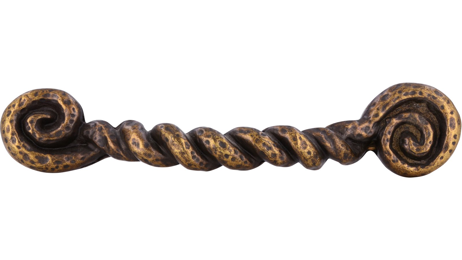 Griff Korbach Druckguss altmessingfarbig brüniert getrommelt - 120 mm lang  vor weißem Hintergrund