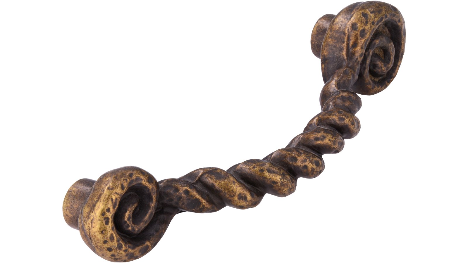 Griff Korbach Druckguss altmessingfarbig brüniert getrommelt - 120 mm lang  vor weißem Hintergrund