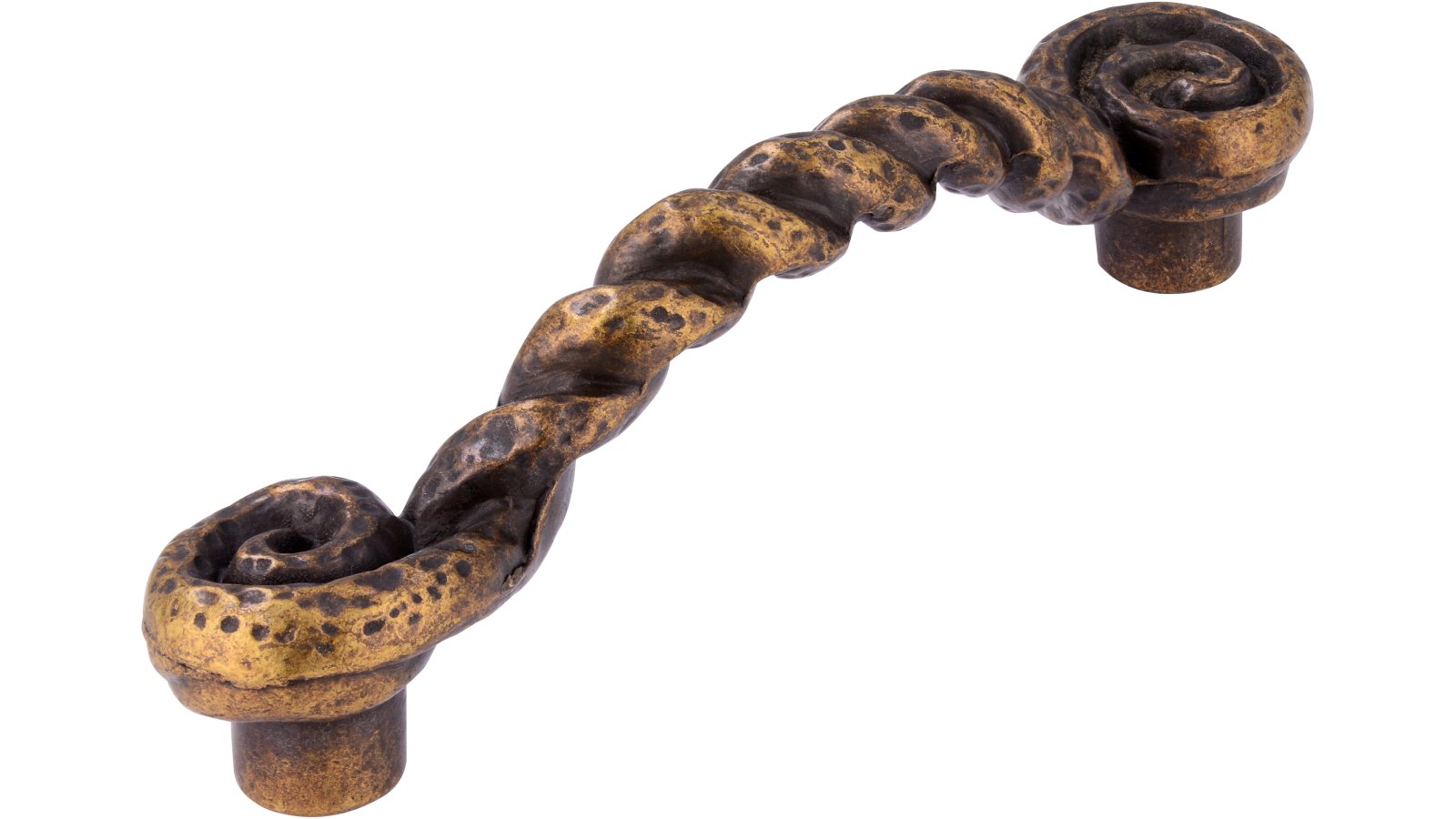 Griff Korbach Druckguss altmessingfarbig brüniert getrommelt - 120 mm lang  vor weißem Hintergrund