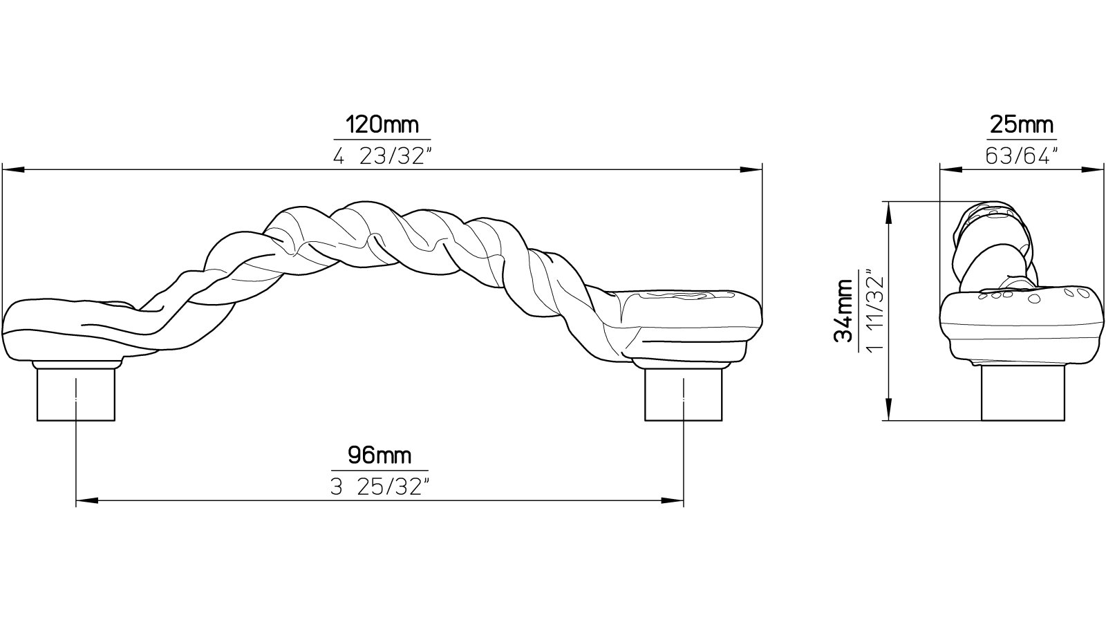 Griff Korbach Druckguss zinnfarbig antik - 120 mm lang  vor weißem Hintergrund
