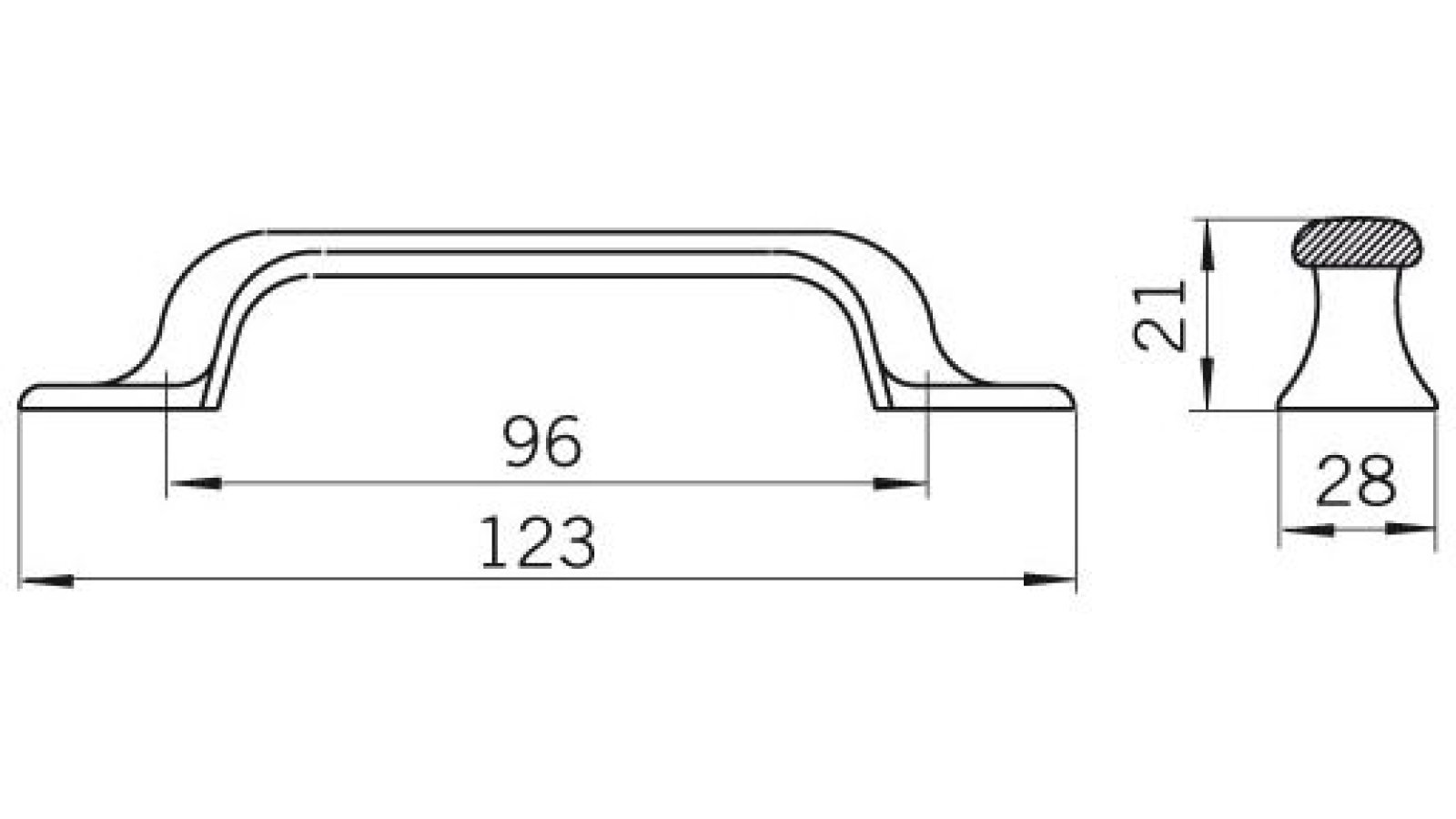 Moebelgriff-Krefeld-brueniert-eisen-Eisen-Zinkdruckguss-laenge-123-77000-technische-zeichnung Griff Krefeld Druckguss eisenfarbig brüniert getrommelt - 123 mm lang vor weißem Hintergrund