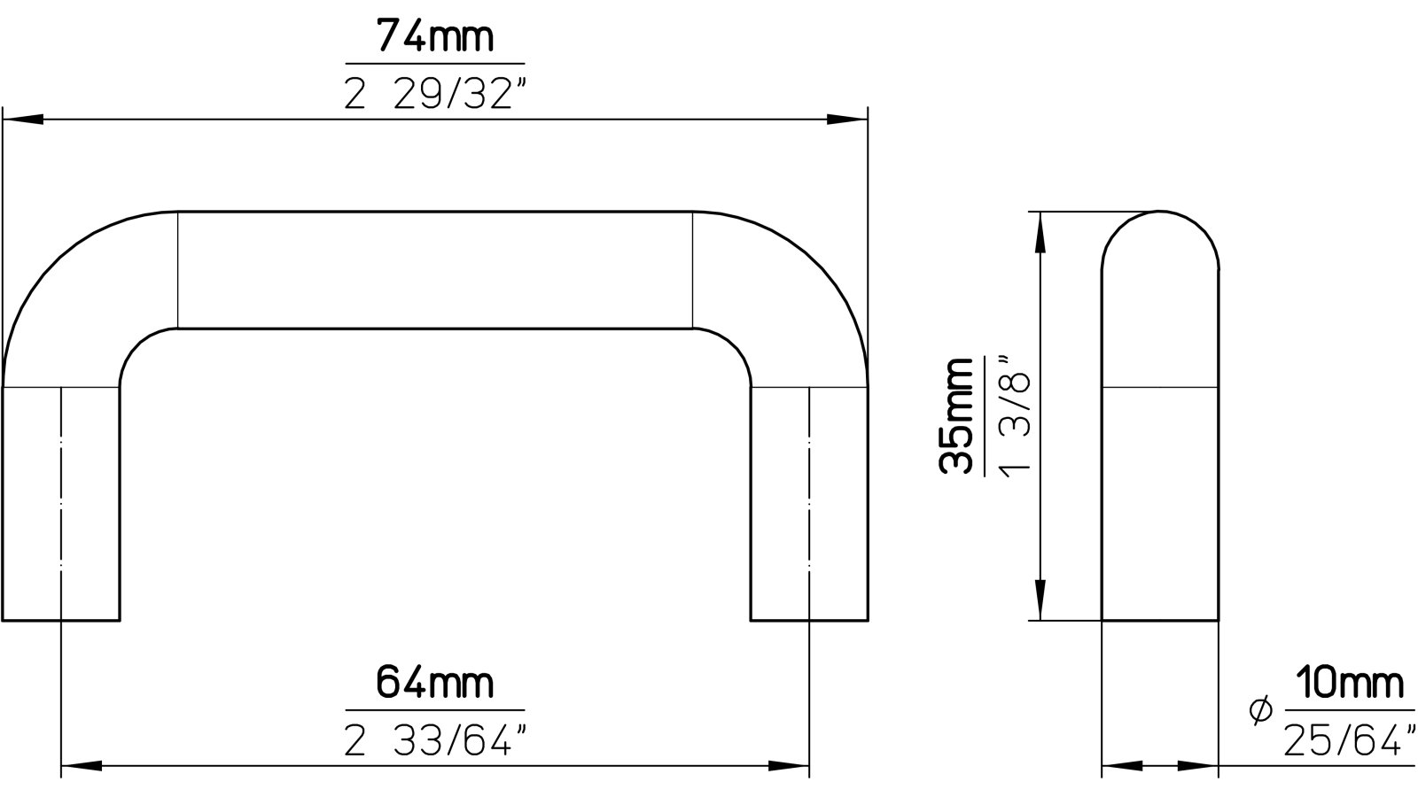 Griff Lemgo Edelstahl fein geschliffen - 74 mm lang  vor weißem Hintergrund
