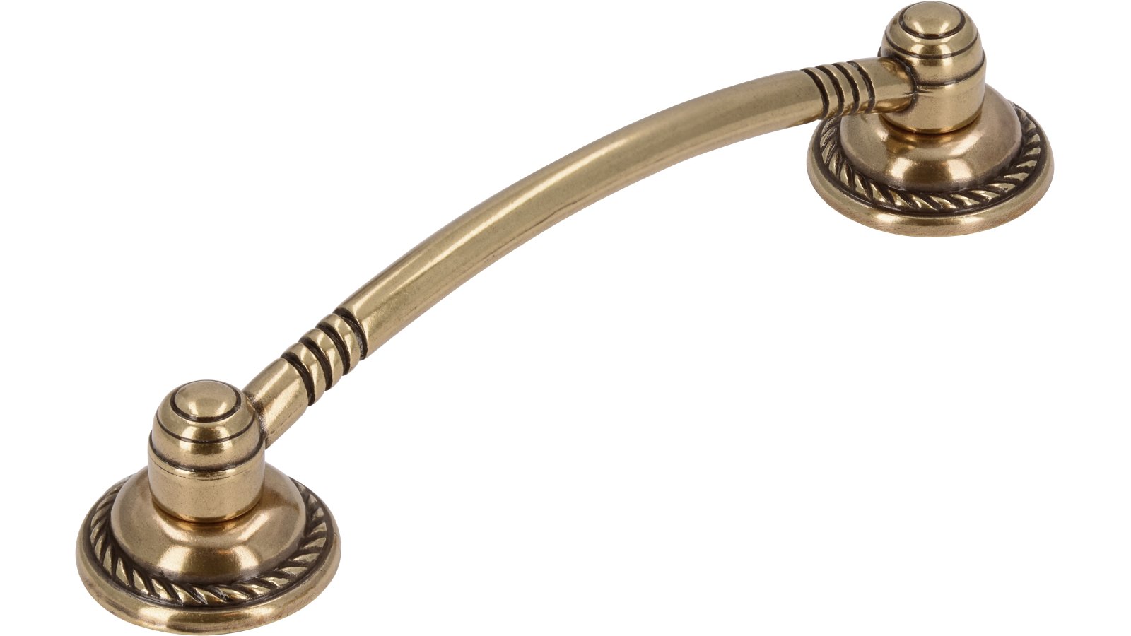 Griff Lörrach Druckguss altmessingfarbig brüniert getrommelt - 121 mm lang  vor weißem Hintergrund