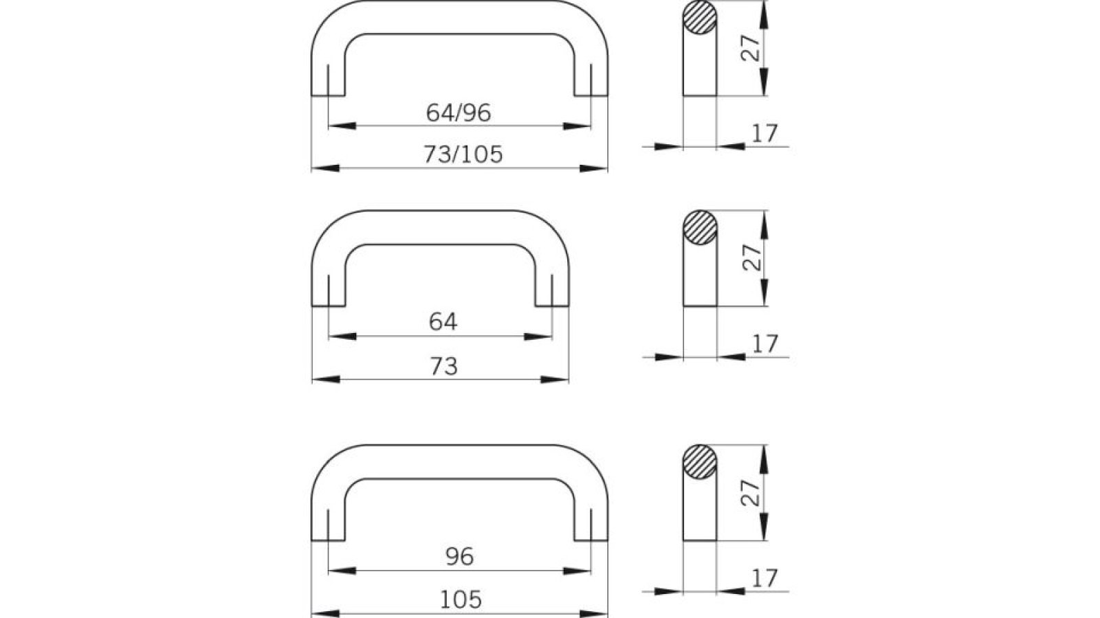 Moebelgriff-Luedenscheid-nickel-Kunststoff-laenge-73-671738-technische-zeichnung Griff Lüdenscheid Kunststoff metallisiert nickel - 73 mm lang vor weißem Hintergrund