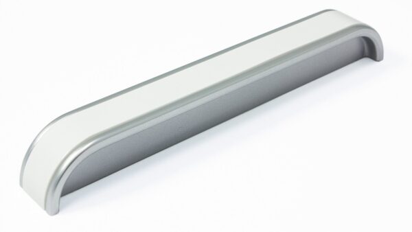 Griff Lügde Kunststoff metallisiert - chrom, Kunststoff glasiert - weiß hochglanz - 152 mm lang vor weißem Hintergrund
