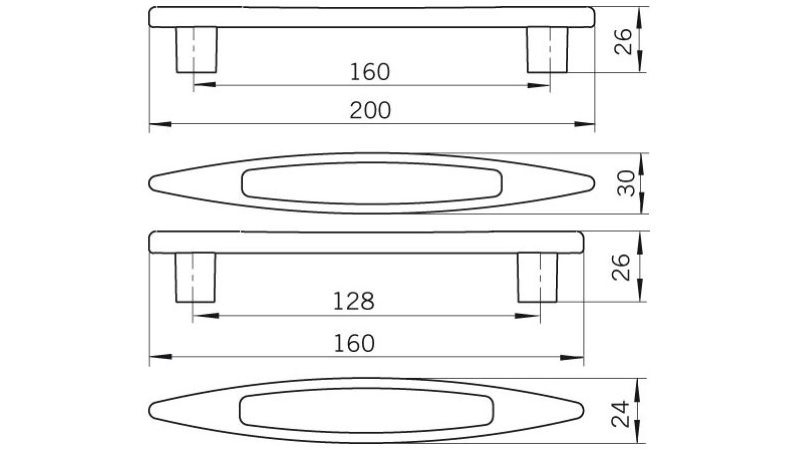 Moebelgriff-Maintal-chrom-edelstahlfarbig-Edelstahl-Stahl-Kunststoff-Zinkdruckguss-laenge-160-422448-technische-zeichnung Griff Maintal Druckguss - Kunststoff chrom glänzend edelstahl - 160 mm lang vor weißem Hintergrund