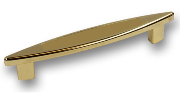 Griff Maintal Druckguss - Kunststoff glänzend vermessingt metallisiert gold glänzend - 160 mm lang vor weißem Hintergrund
