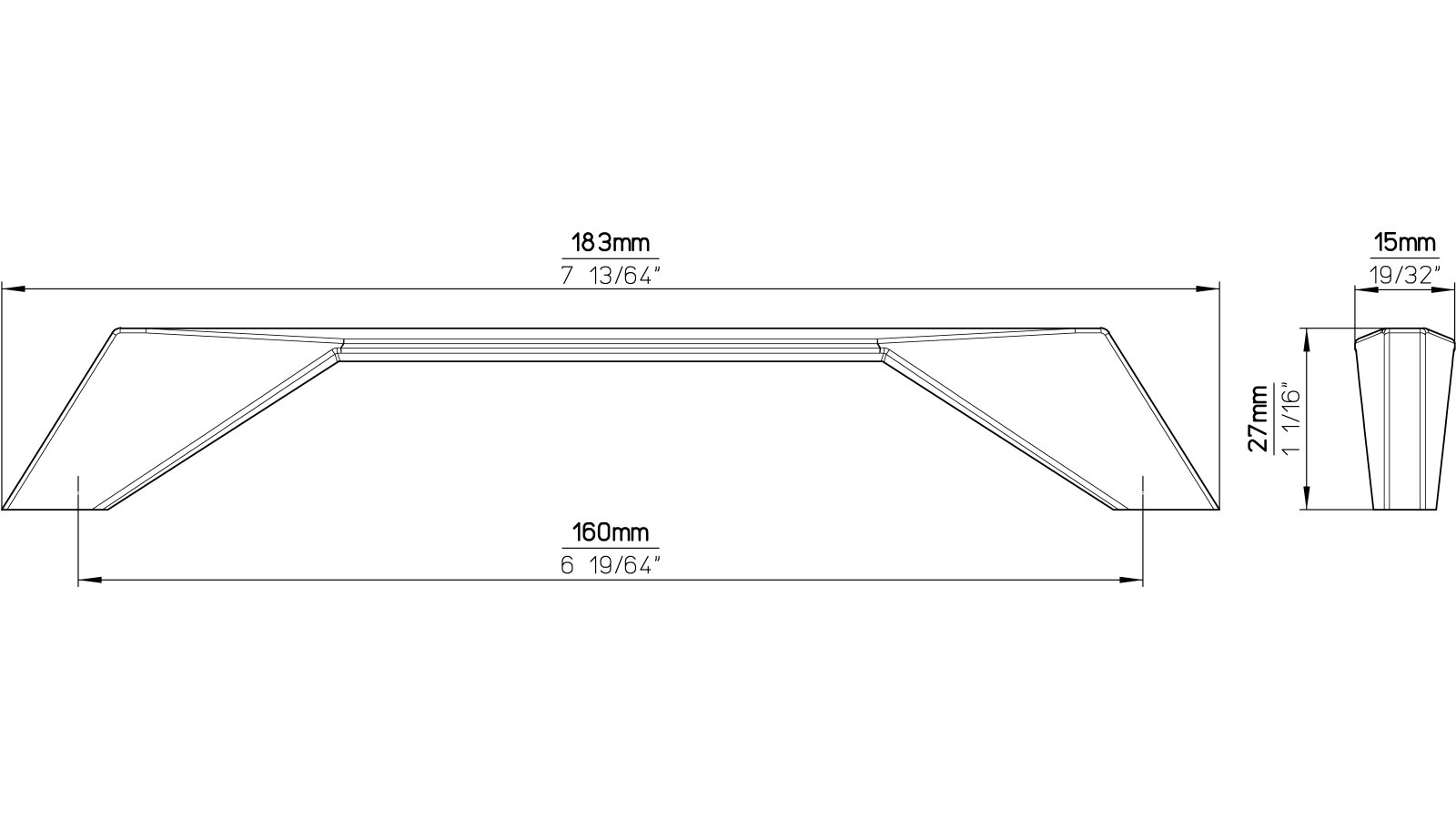 Griff Malente Druckguss chrom glänzend - 183 mm lang  vor weißem Hintergrund