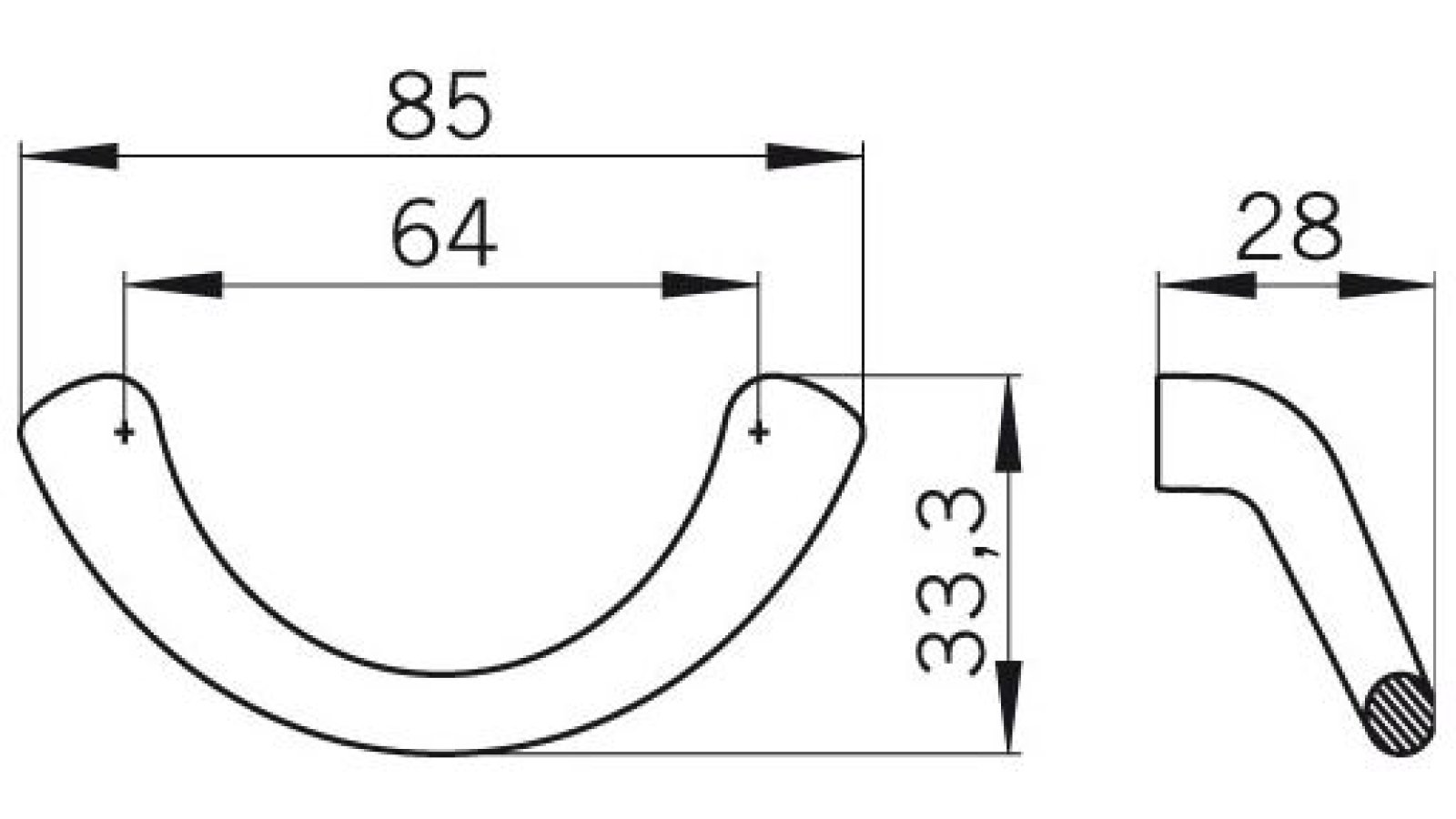 Griff Meerbusch Kunststoff metallisiert chrom glänzend - 85 mm lang  vor weißem Hintergrund