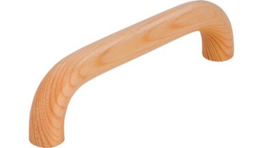 Griff Mettingen Holz kiefer natur lackiert - 108 mm lang vor weißem Hintergrund