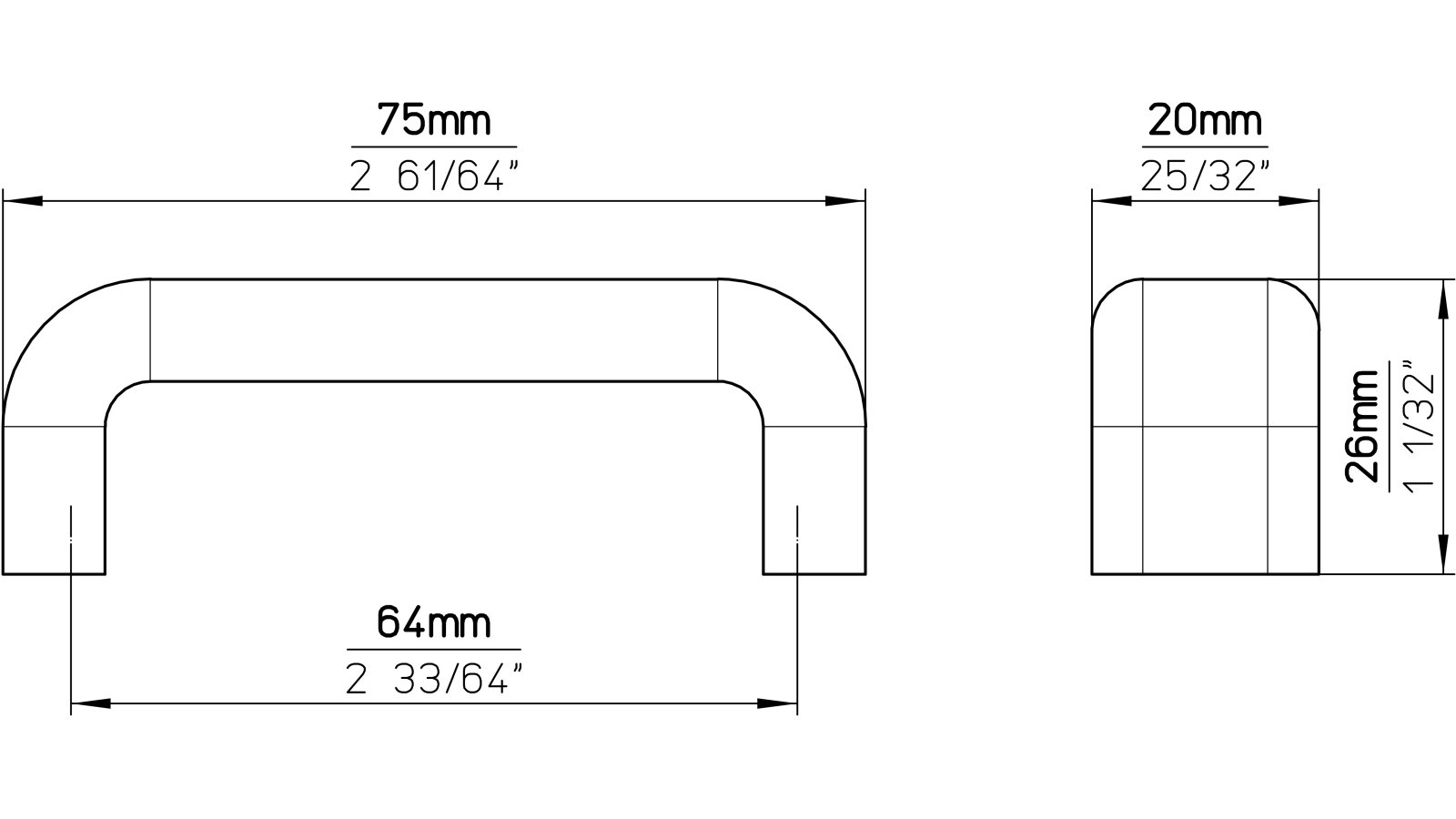 Griff Mönchengladbach Kunststoff weiß - 76 mm lang  vor weißem Hintergrund
