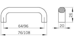 Moebelgriff-Moenchengladbach-weiss-alufarbig-Aluminium-Kunststoff-laenge-76-602430-technische-zeichnung Griff Mönchengladbach Kunststoff metallisiert - weißaluminium - 76 mm lang vor weißem Hintergrund