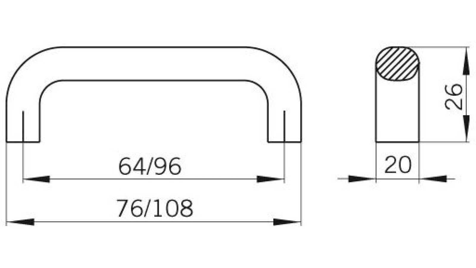 Moebelgriff-Moenchengladbach-weiss-alufarbig-Aluminium-Kunststoff-laenge-76-602430-technische-zeichnung Griff Mönchengladbach Kunststoff metallisiert - weißaluminium - 76 mm lang vor weißem Hintergrund