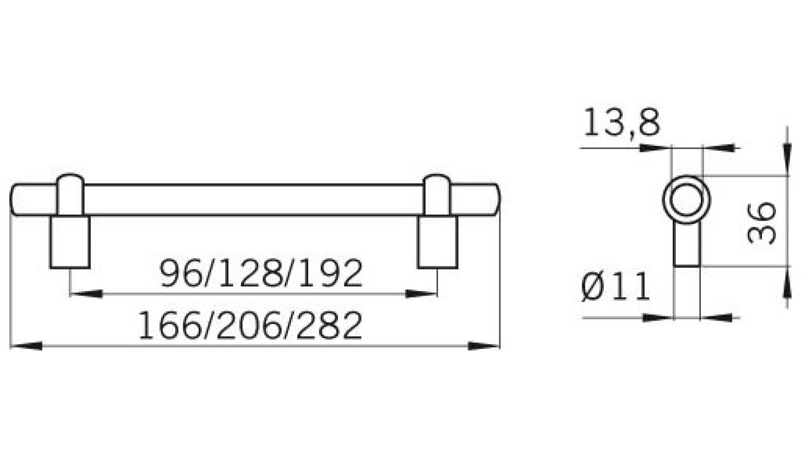 Moebelgriff-Neuenrade-chrom-buche-Holz-Holz-Zinkdruckguss-laenge-206-544588-technische-zeichnung Griff Neuenrade Holz - Druckguss buche natur lackiert chrom glänzend - 206 mm lang  vor weißem Hintergrund
