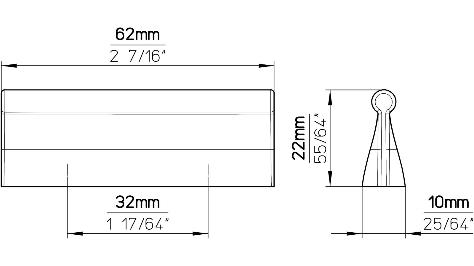 Griff Obernkirchen Druckguss chrom glänzend - 62 mm lang  vor weißem Hintergrund