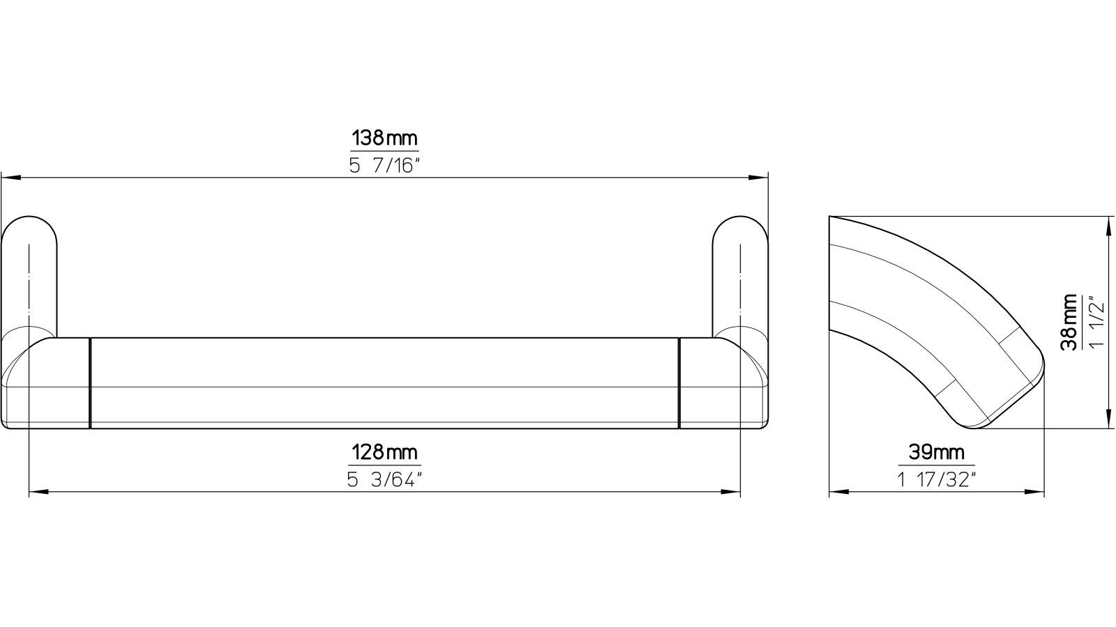 Griff Ochtrup Druckguss vernickelt feingeschliffen - 138 mm lang  vor weißem Hintergrund
