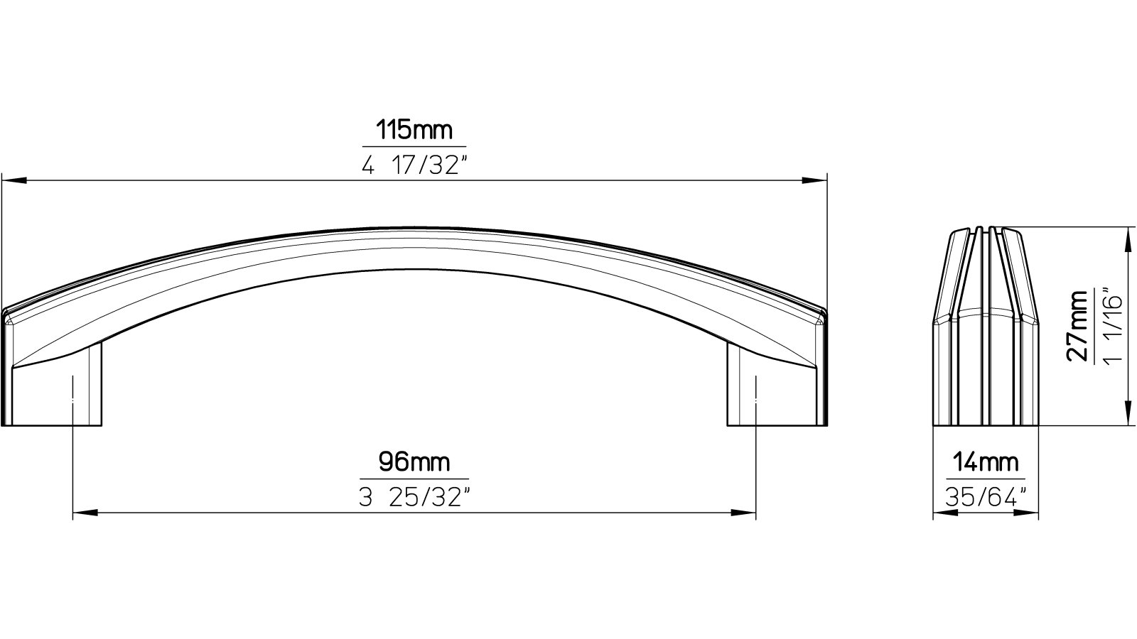 Moebelgriff-Osterode-chrom-Zinkdruckguss-laenge-116-569782-technische-zeichnung Griff Osterode Druckguss chrom glänzend - 116 mm lang vor weißem Hintergrund