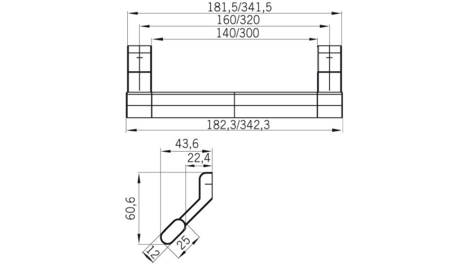 Griff Ottobrunn Druckguss chrom glänzend - 180 mm lang  vor weißem Hintergrund